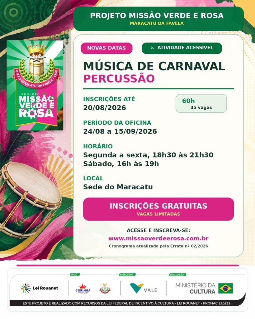 a21c9b12-6237-44c4-8ac6-2b98d65367c2-819x1024 Oficinas de Percussão e Instrumentos Musicais estão com últimos dias de inscrições no Projeto Missão Verde e Rosa